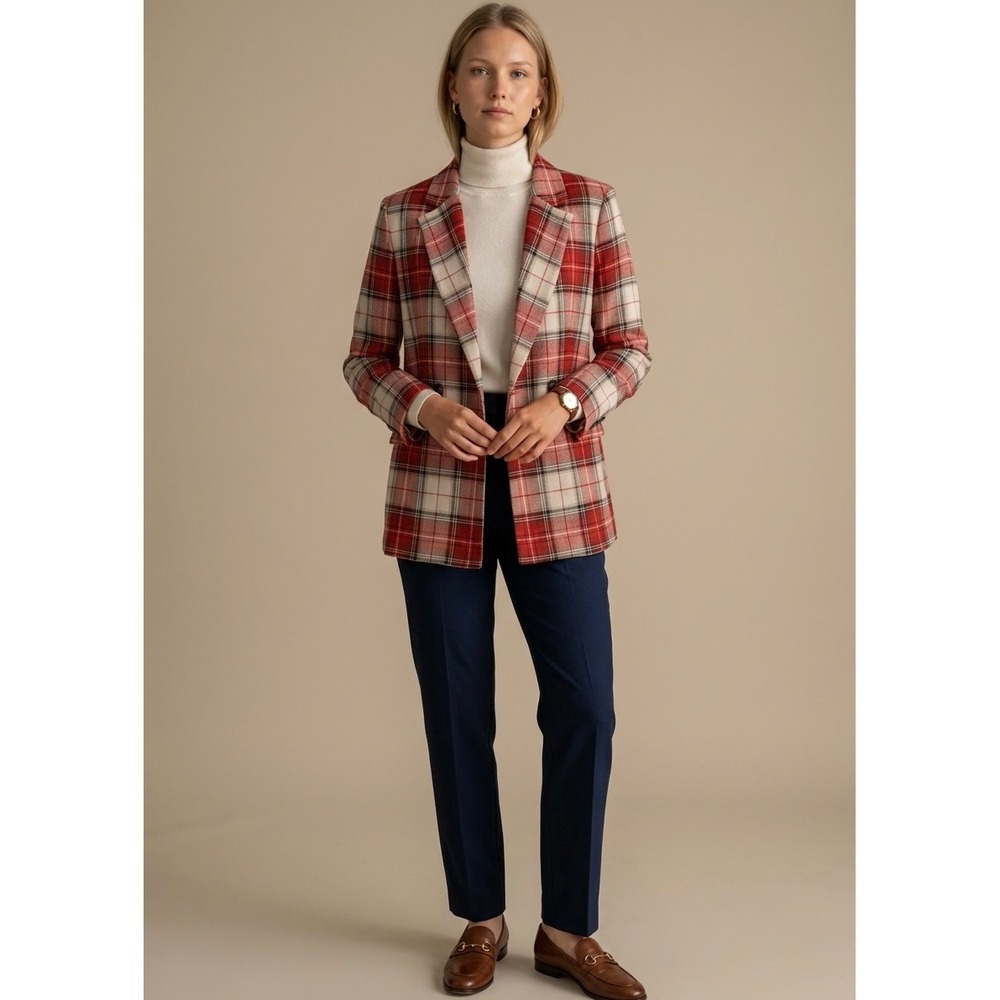 H&M Red Tartan Plaid Double Breasted Blazer Size 6 Professional Academic Jacket
